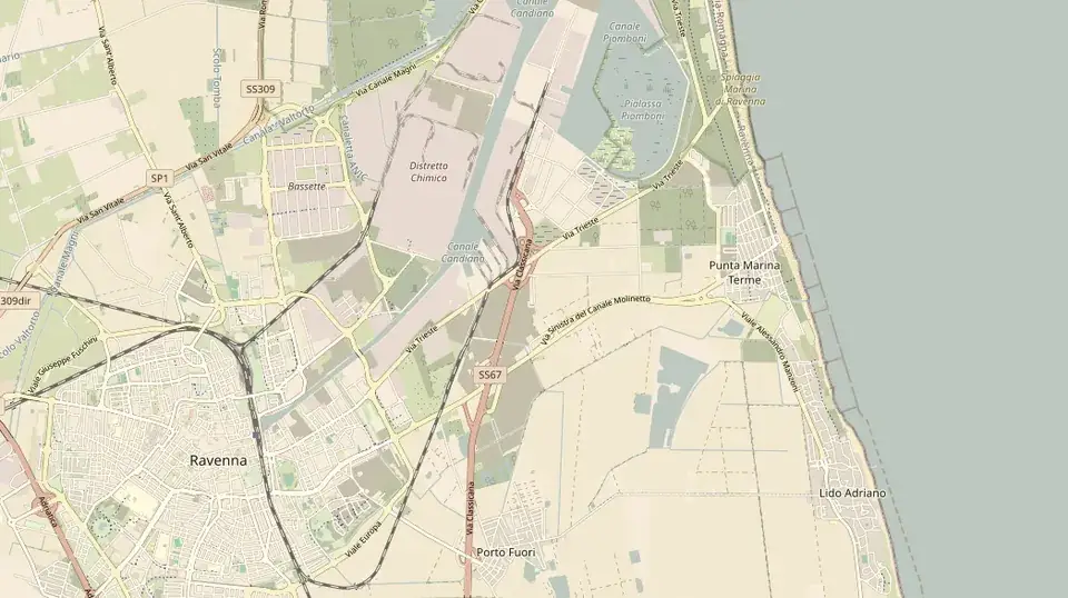 Karte der Adriaküste bei Ravenna: Punta Marina liegt direkt am Meer, rund 8 Kilometer östlich der Altstadt von Ravenna