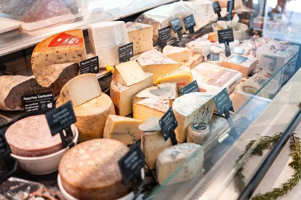 Käse in der Vitrine: Pecorino, Bergkäse und Ziegenkäse mit Preisschildern