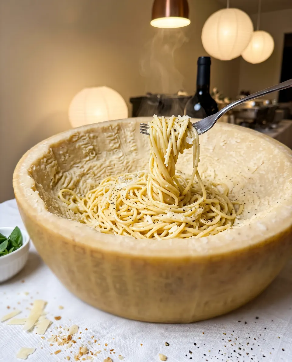 Spaghetti werden im ausgehöhlten Parmesanlaib geschwenkt und mit der Gabel herausgedreht